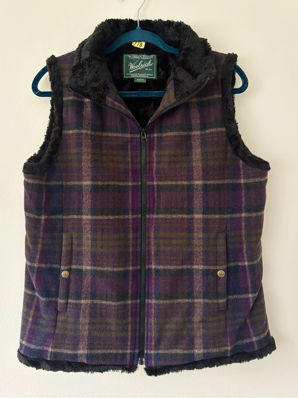 Woolrich Plaid Wool Blend Sherpa Lined Zip Vest Women’s Large
